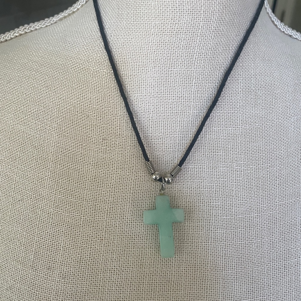 Genuine Green Stone Cross Pendant Necklace